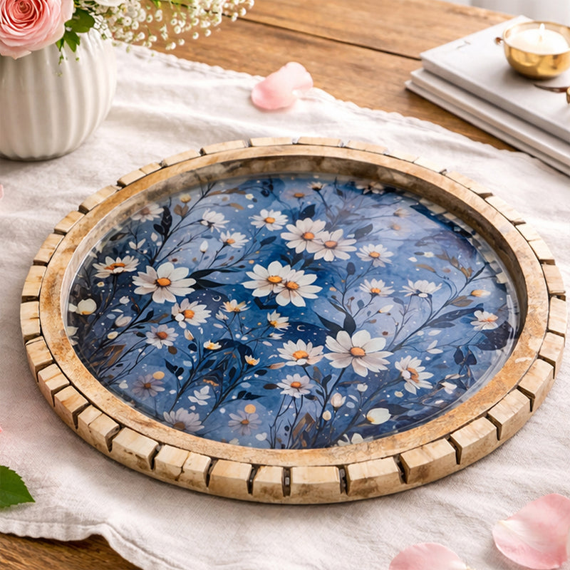 Rustic Round Wooden Floral Serving Tray with Resin Top – 30 cm Decorative Platter for Snacks & Tea