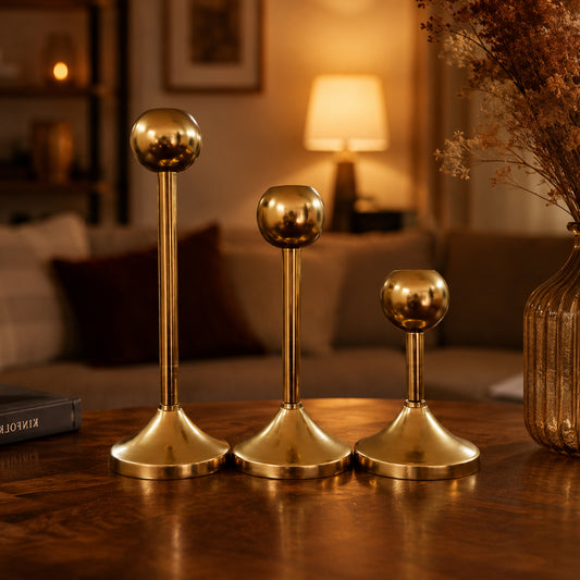 Modern Gold Metal Taper Candle Holder Stand Set of 3 – Graduated Heights | The Indian Aura