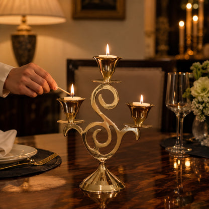 Brass Three Arm Candle Stand Antique Finish Decorative Candle Holder for Home Decor & Gifting| The Indian Aura