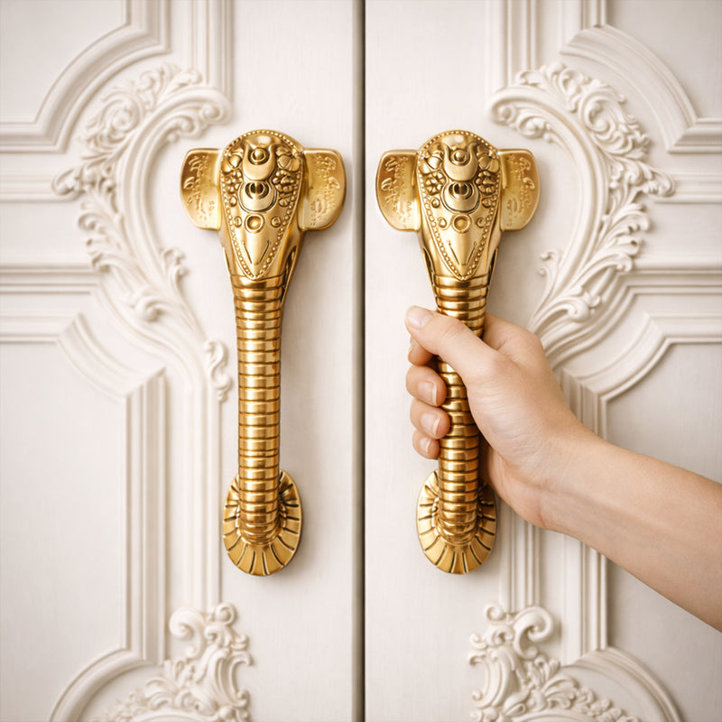 Ganesha Brass Door Handle with Golden Crown - Antique Dhanvantri Design Set of 2
