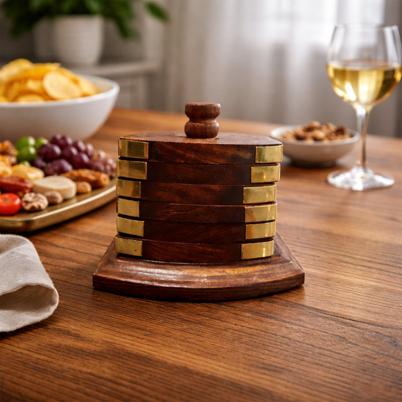 Handcrafted Sheesham Wood Square Coaster Set with Brass Corners – Set of 6 with Stand