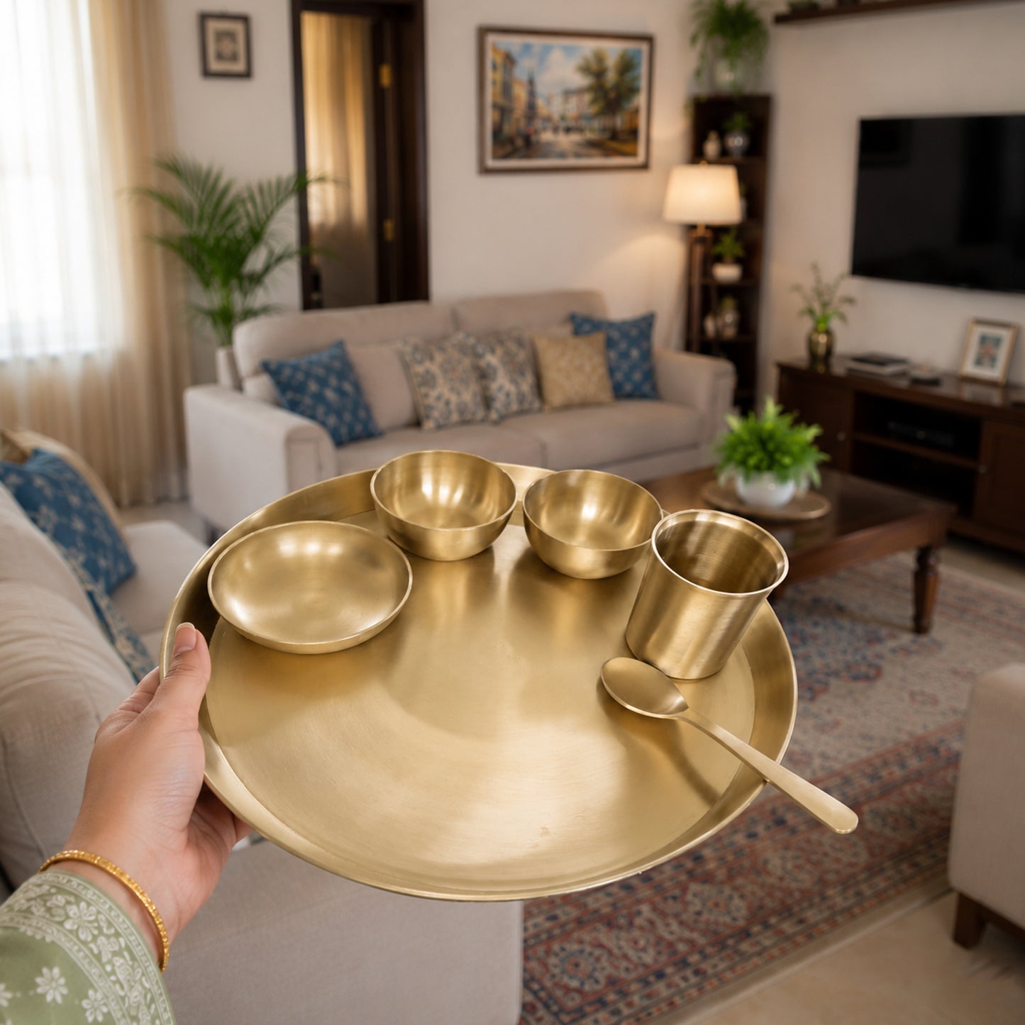 Pure Kansa Matte Finish 13.5 Inch Thali Dinner Set – Traditional Ayurvedic Dinnerware for Healthy & Elegant Dining
