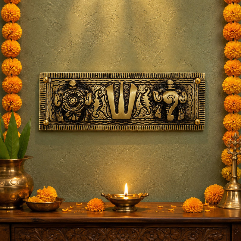Brass Shankh Chakra Namah Wall Hanging Vaishnav Tilak Plaque | The Indian Aura