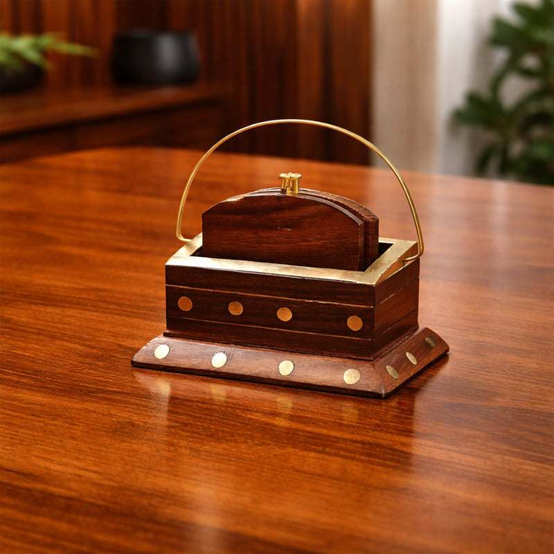 Handcrafted Sheesham Wood Coaster Set with Brass Corners & Holder – Set of 6, 2.5 Inch Drink Coasters for Tea & Coffee Cups