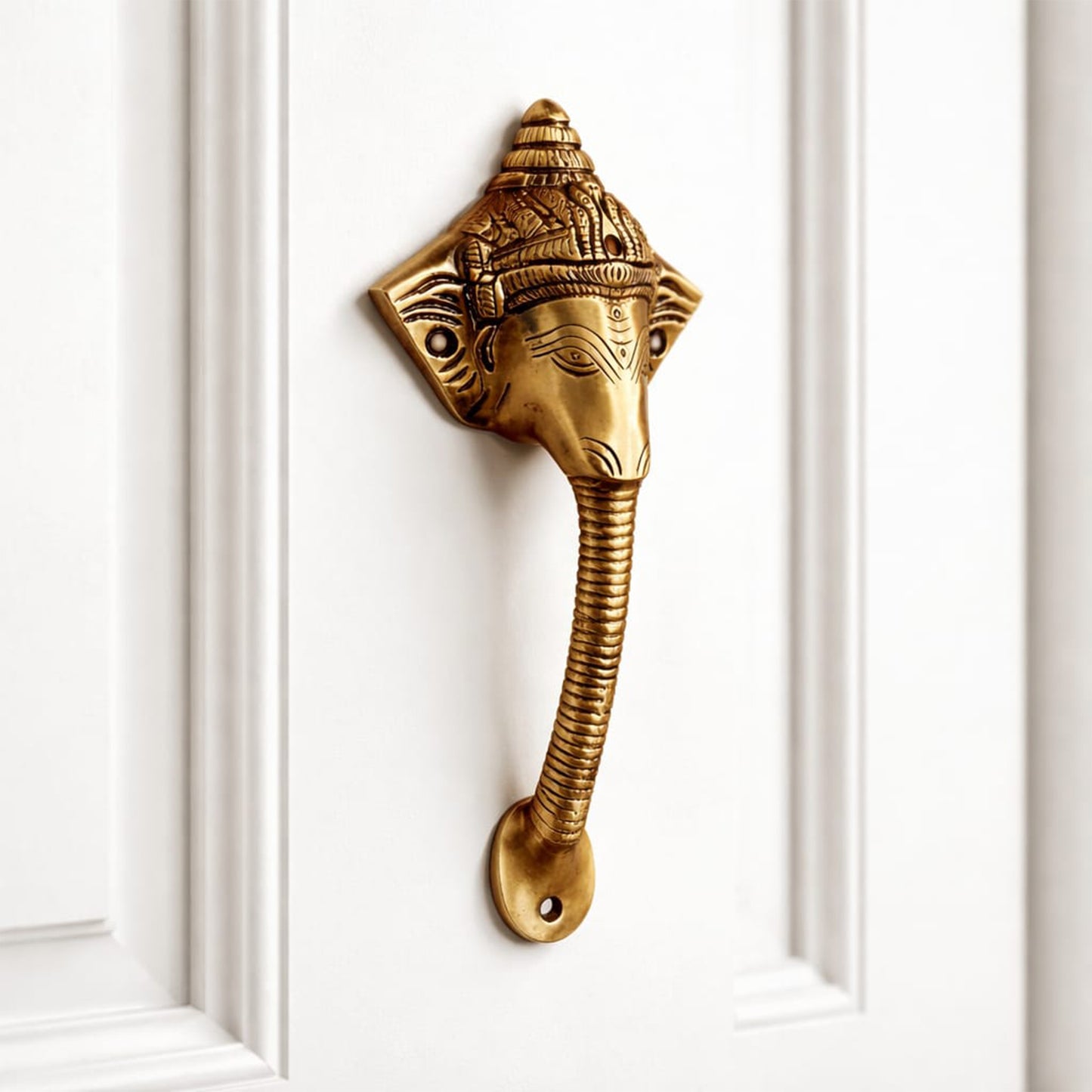 Antique Ganesha Brass Door Handle with Brown Crown – Vintage Indian Design