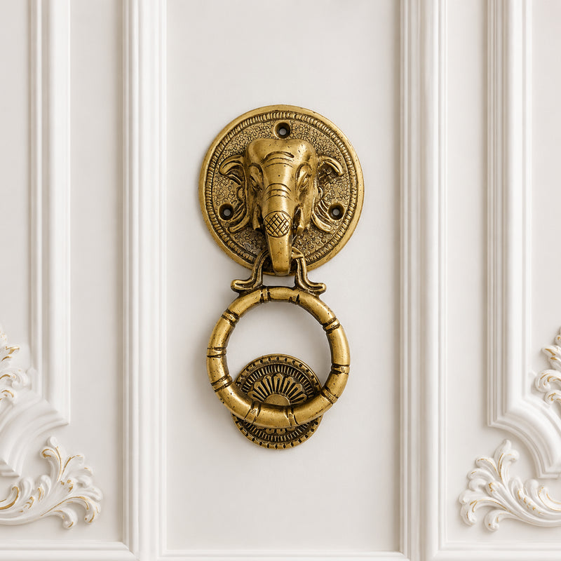 Handcrafted Elephant Head Brass Door Knocker – Antique Finish