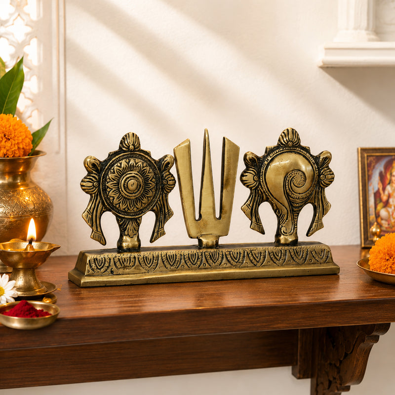 Brass Shankh Chakra Namam Statue with Stand | The Indian Aura