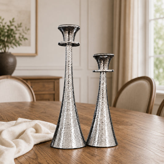 Hammered Silver Tapered Metal Candle Holder Stand Set of 2 | The Indian Aura