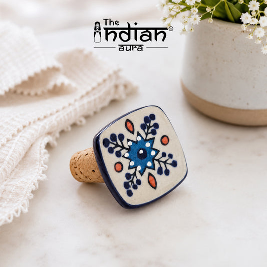 Ceramic Wine Bottle Stopper with Cork – Handcrafted Hand-Painted Reusable Wine Stopper, Airtight Bottle Sealer for Wine & Bar | Decorative Wine Saver, Ideal Gift for Wine Lovers, Made in India