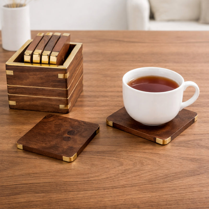 Handcrafted Sheesham Wood Box Coaster Set with Brass Corners – 3 Inch Square Coasters, Set of 6