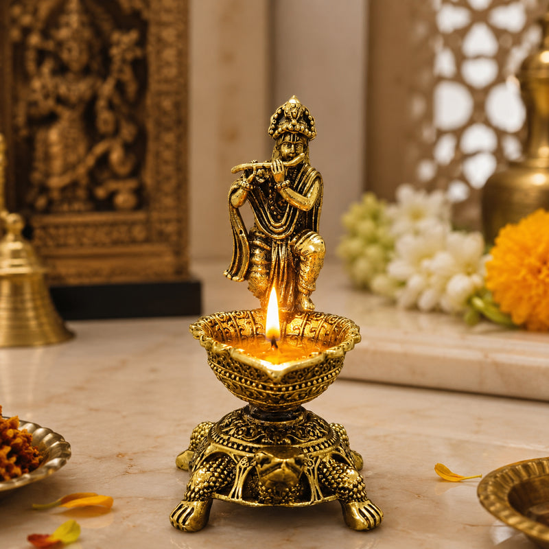 Brass Diya Oil Lamp with Turtle Base for Pooja Room, Mandir, Home Temple Décor & Spiritual Gift,Krishna Flute Player