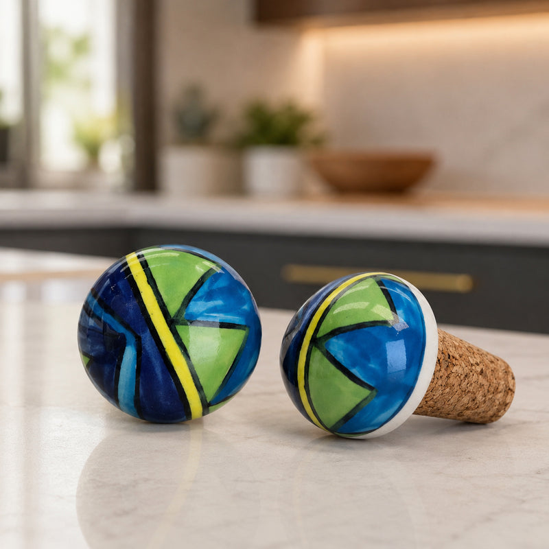 Handmade Ceramic Wine Bottle Stopper – Colorful Blue Green Abstract Design, Airtight Cork Seal, Gift for Wine Lovers