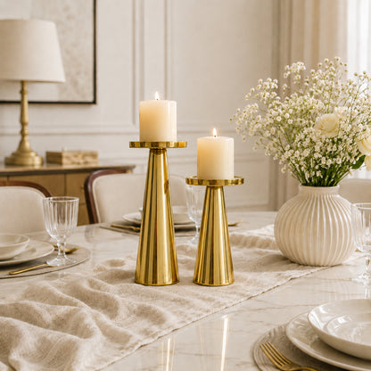 Gold Metal Pillar Candle Holder Stand Set of 2 | The Indian Aura