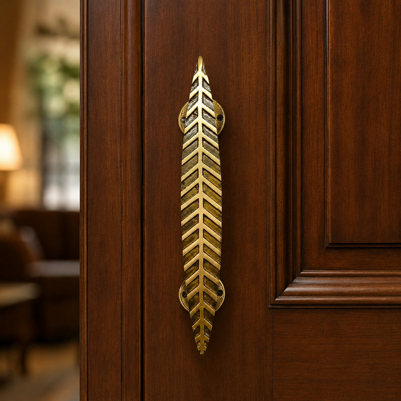 Handcrafted Leaf Design Brass Door Handle for Main Door 12inch  – Antique Finish single set