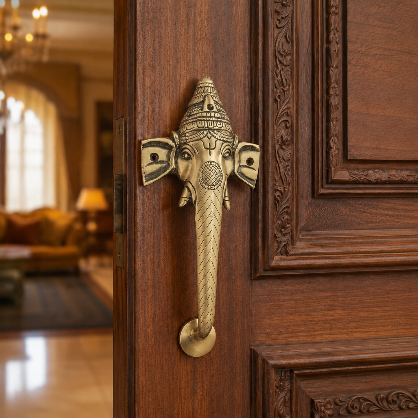 Ganesha Brass Door Handle Pair for Main Door – 10 Inch Antique Finish Elephant Pull Handle, Ethnic Indian Design for Wooden Doors, Temple Doors & Entrance | Auspicious Housewarming Gift,Set-1