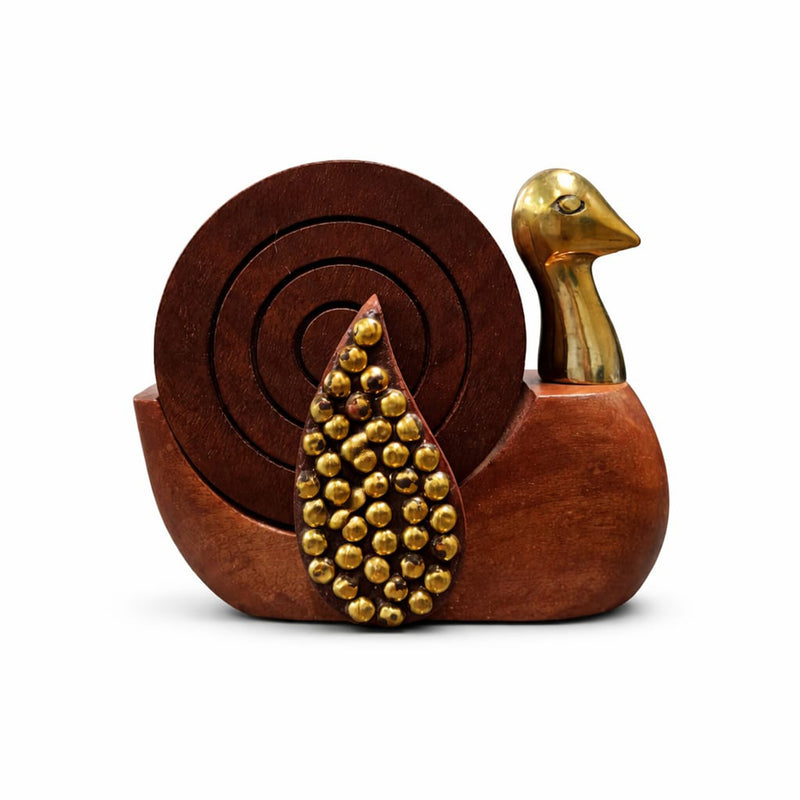 Handcrafted Sheesham Wood Peacock Coaster Set with Brass Accents & Holder – Round Tea & Coffee Coasters (Set of 6)