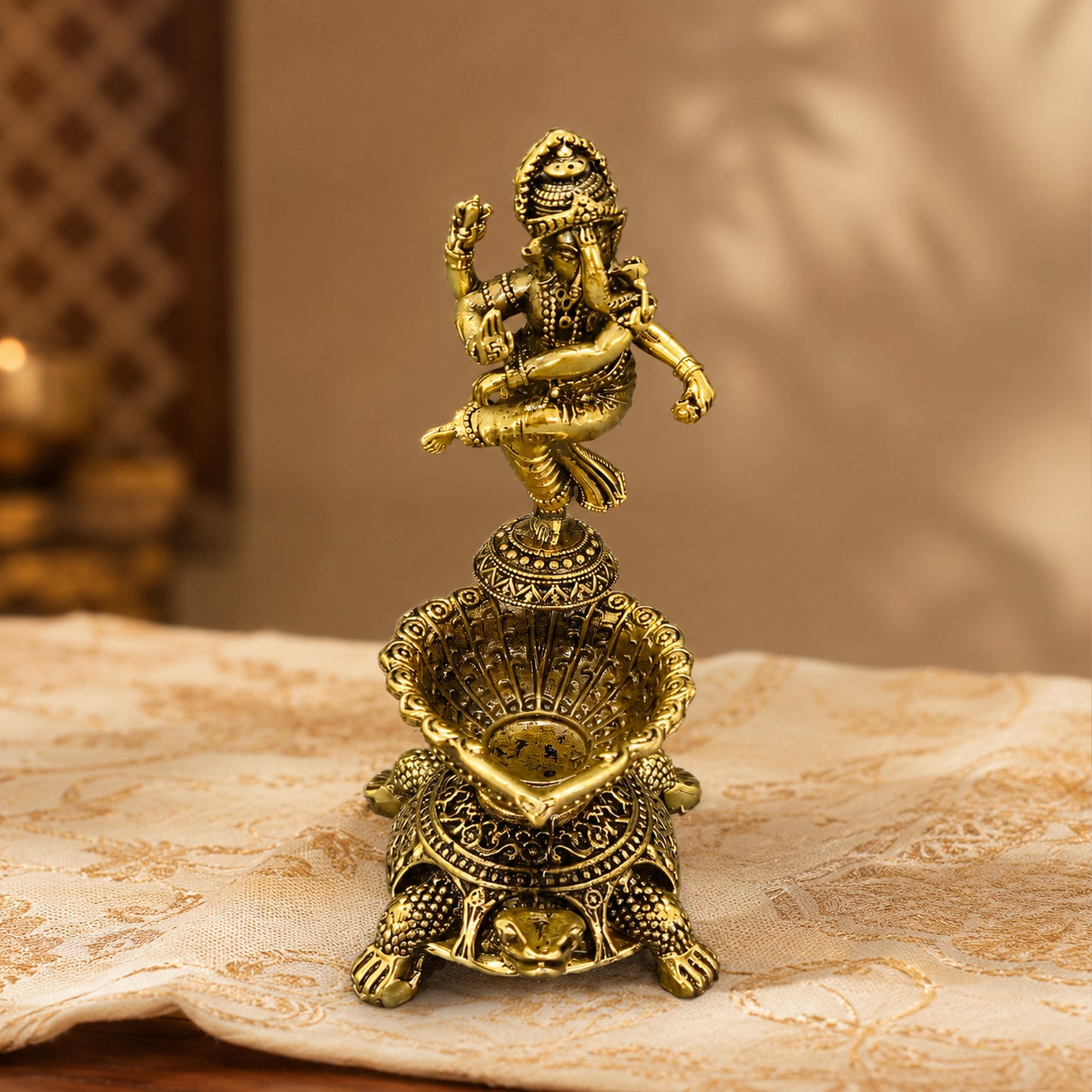 Pure Brass Dancing Ganesha Diya Oil Lamp Holder | Antique Gold Finish, Oil Lamp with Diya, Vastu Showpiece, Puja Room Decor