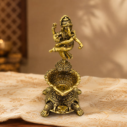 Pure Brass Dancing Ganesha Diya Oil Lamp Holder | Antique Gold Finish, Oil Lamp with Diya, Vastu Showpiece, Puja Room Decor