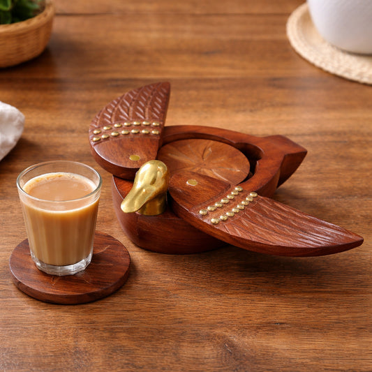 Duck Shaped Wooden Coaster Set with Holder – Handcrafted Sheesham Wood & Brass Tea Coasters for Cups, Mugs & Glasses, 8 Inch | Decorative Table Showpiece & Housewarming Gift