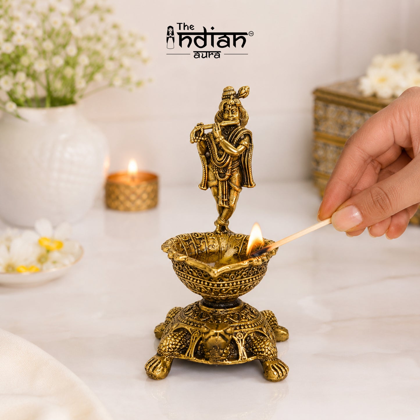 Brass Lord Venkateswara Diya with Turtle Base | Antique Finish, Pure Brass, 8.8cm Height, Pooja & Temple Decor, Deepam Oil Lamp (Copy)