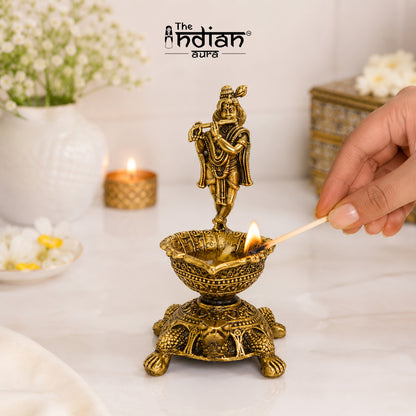 Brass Lord Venkateswara Diya with Turtle Base | Antique Finish, Pure Brass, 8.8cm Height, Pooja & Temple Decor, Deepam Oil Lamp (Copy)