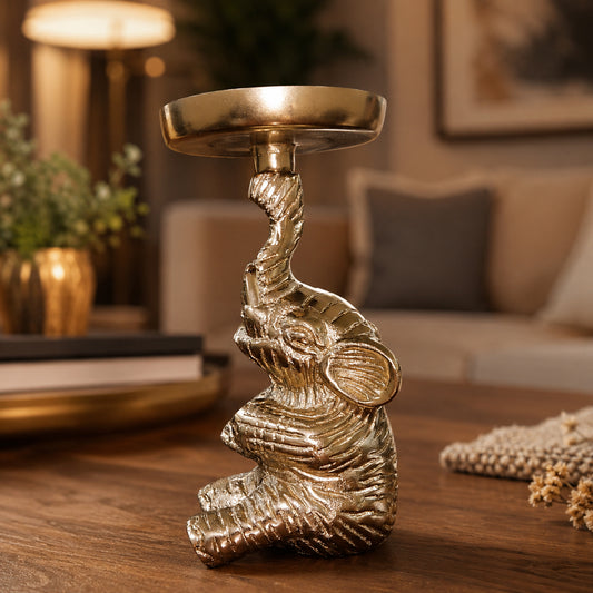Gold Elephant Pillar Candle Holder Stand – 16 cm Decorative Metal T-Light Holder | The Indian Aura