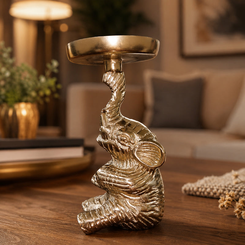 Gold Elephant Pillar Candle Holder Stand – 16 cm Decorative Metal T-Light Holder | The Indian Aura