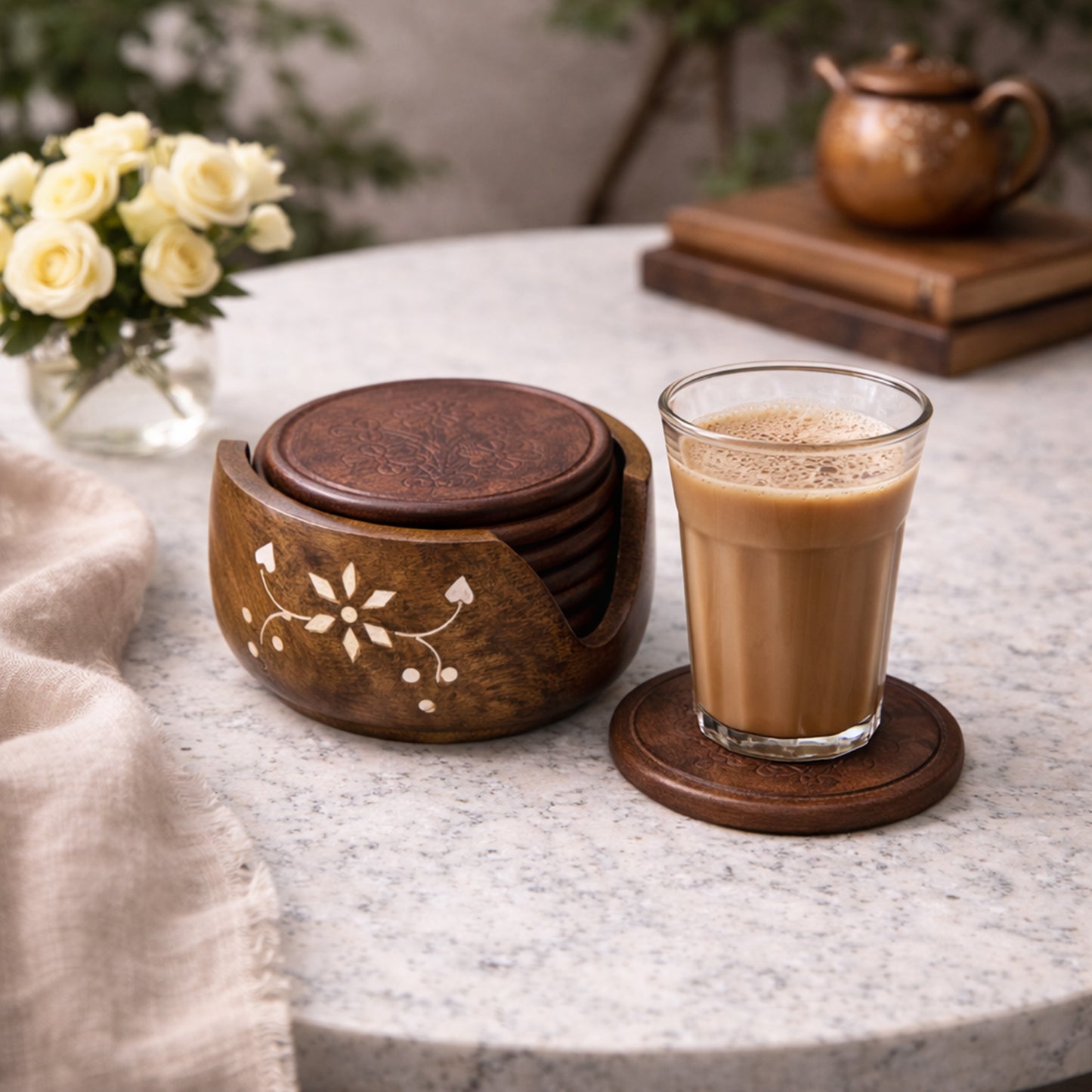 Handcrafted Wooden Coaster Set with Holder (7.8 cm) | Premium Tableware | The Indian Aura