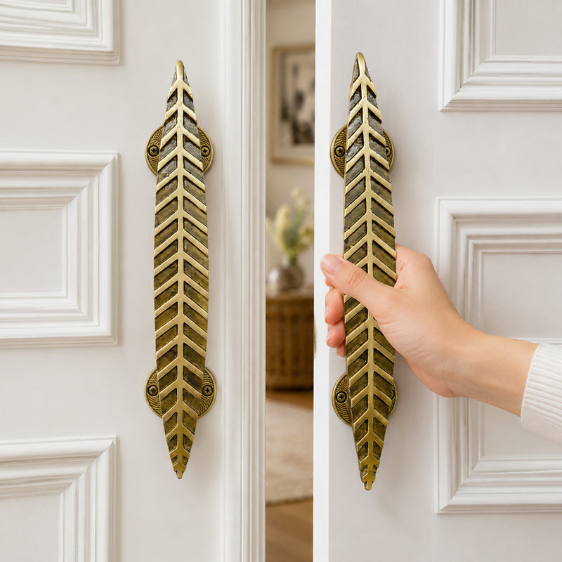 Handcrafted Leaf Design Brass Door Handle for Main Door 12inch  – Antique Finish Set-2