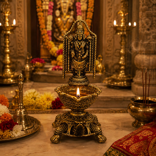 Brass Lord Venkateswara Diya with Turtle Base | Antique Finish, Pure Brass, 8.8cm Height, Pooja & Temple Decor, Deepam Oil Lamp