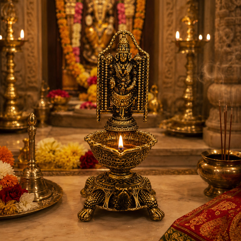 Brass Lord Venkateswara Diya with Turtle Base | Antique Finish, Pure Brass, 8.8cm Height, Pooja & Temple Decor, Deepam Oil Lamp