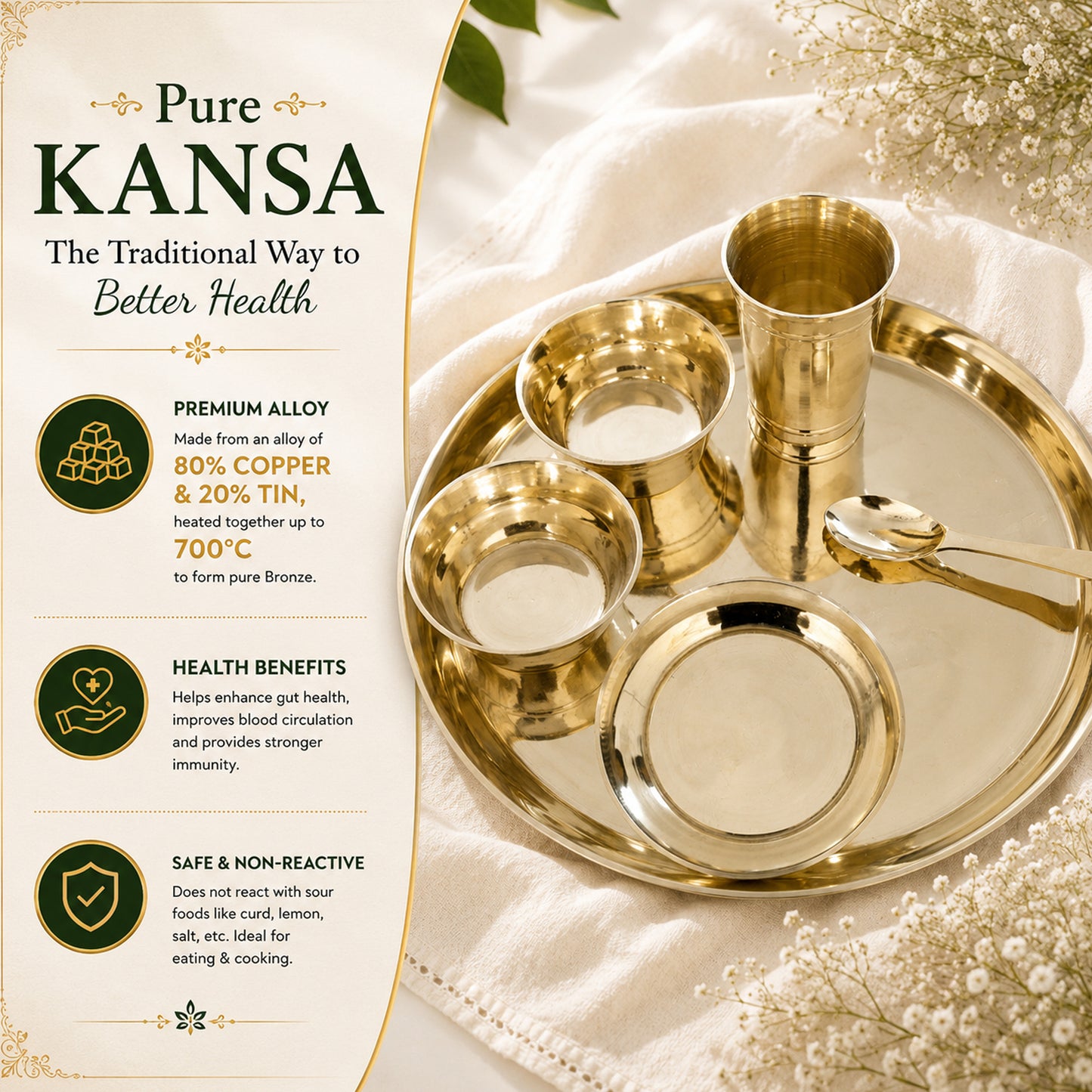 Pure Kansa Dinner Set – Traditional Bronze Thali Set with Plate, Glass, Bowls & Spoon | 80% Copper & 20% Tin Alloy | Ayurvedic Dining Collection