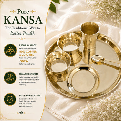 Pure Kansa Dinner Set – Traditional Bronze Thali Set with Plate, Glass, Bowls & Spoon | 80% Copper & 20% Tin Alloy | Ayurvedic Dining Collection