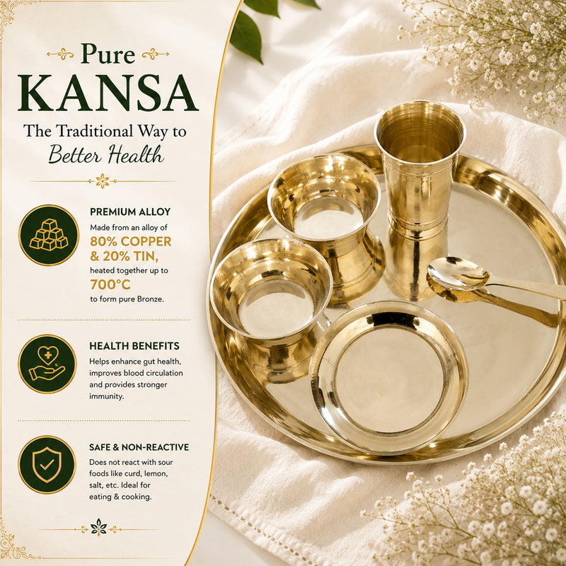Pure Kansa Dinner Set – Traditional Bronze Thali 12 inch Set with Plate, Glass, Bowls & Spoon | 80% Copper & 20% Tin Alloy | Ayurvedic Dining Collection