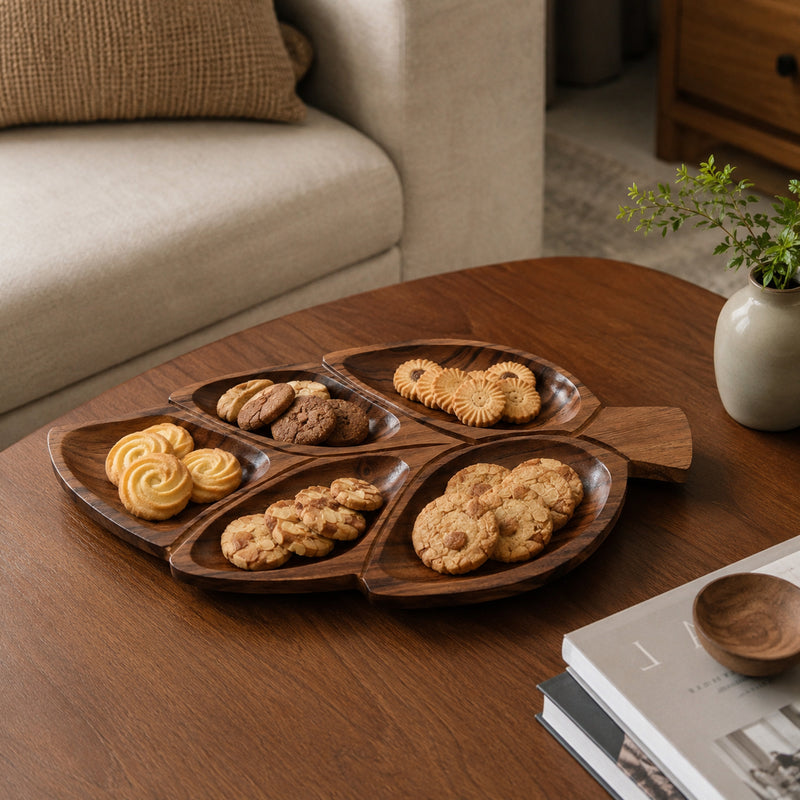 Leaf Shaped Wooden Serving Platter with 5 Compartments – Handcrafted Sheesham Wood Divided Tray for Dry Fruits, Snacks, Nuts & Cookies, Decorative Serving Dish | Ideal Housewarming & Diwali Gift