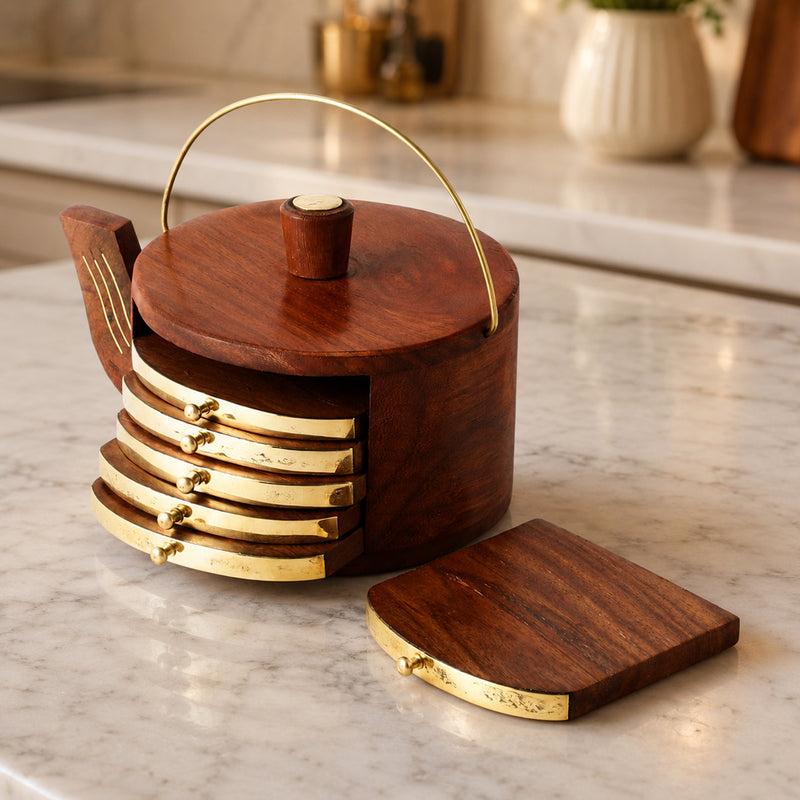 Wooden Tea Coaster Set with Kettle-Shaped Holder – Sheesham Wood & Brass Coasters for Tea Cups, Coffee Mugs & Glasses, Handcrafted Table Decor | Ideal Housewarming & Diwali Gift