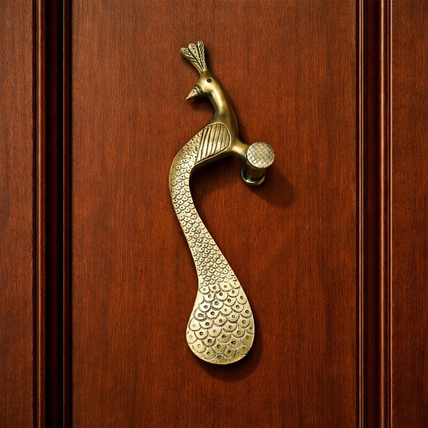 Handcrafted Brass Door Handle – Elegant Peacock Design (Right Turned)