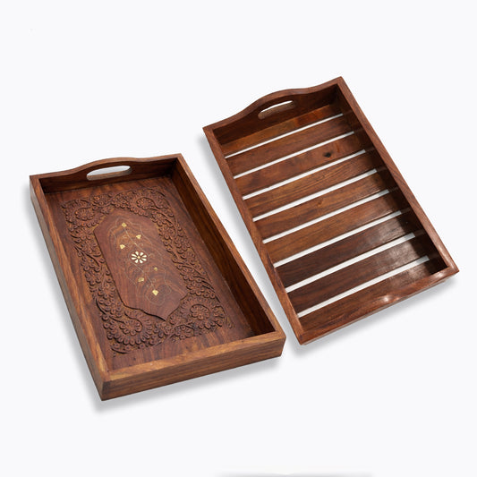 Rosewood Wooden Serving Trays Set of 2 – 30×20×5.5 cm & 30×20×4.5 cm, Handcrafted Rectangular Serveware The Indian Aura