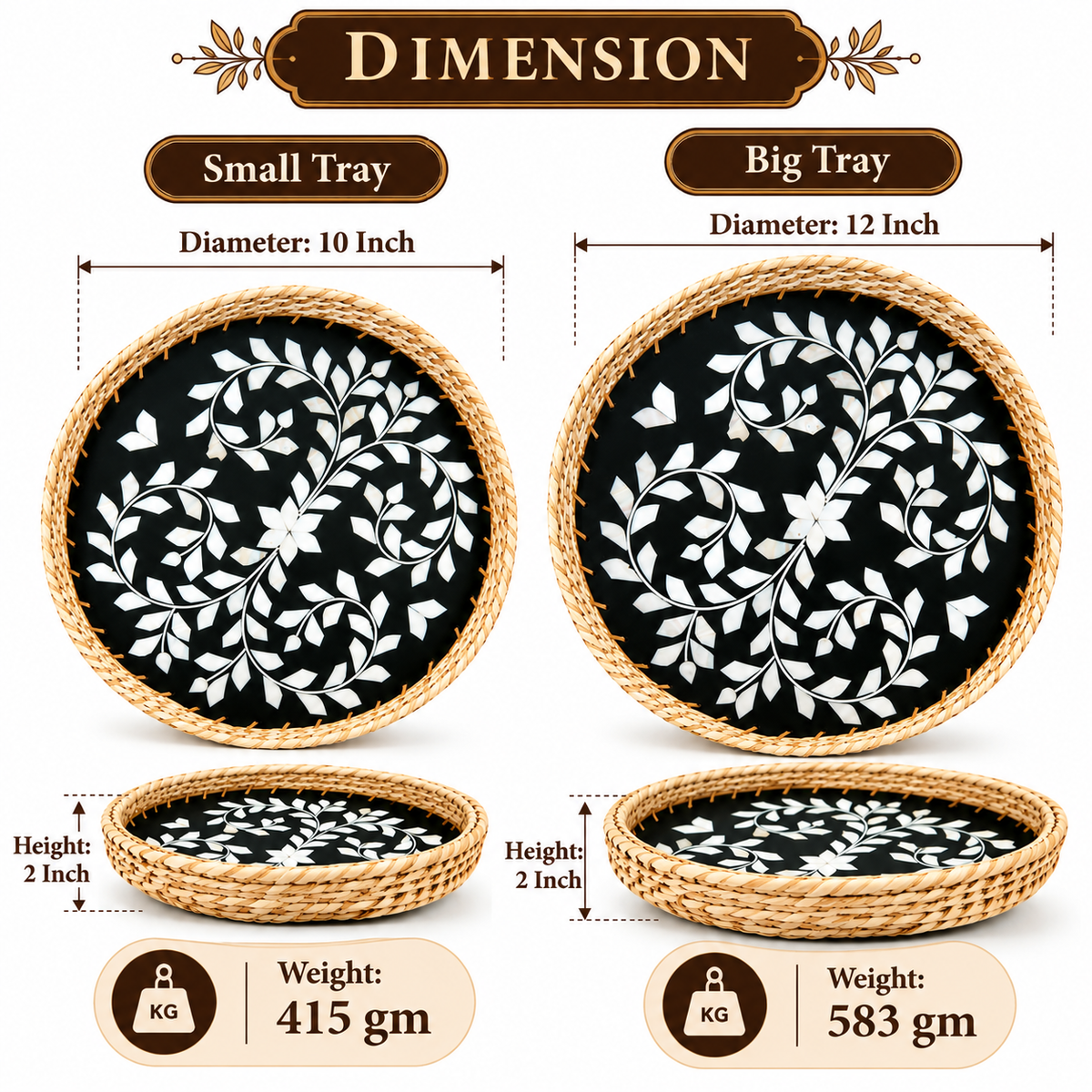 Handcrafted Mother of Pearl Round Black Tray Set of 2 | Woven Natural Rim Decorative Serving Trays for Home Décor, Jewellery Storage, Pooja & Gifting | 10 & 12 Inch