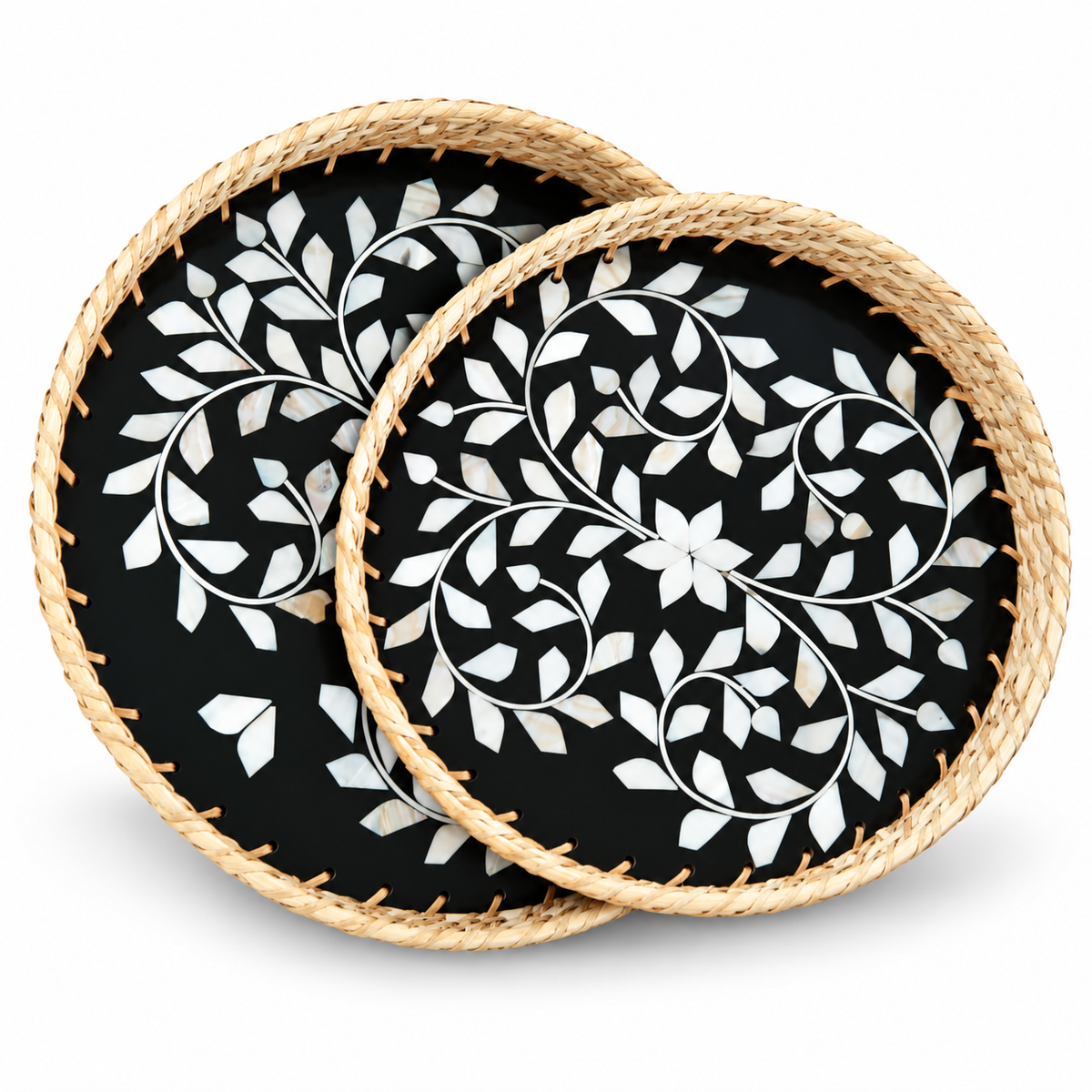 Handcrafted Mother of Pearl Round Black Tray Set of 2 | Woven Natural Rim Decorative Serving Trays for Home Décor, Jewellery Storage, Pooja & Gifting | 10 & 12 Inch