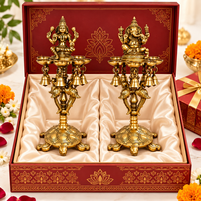 Pure Brass Laxmi Ganesha Pair Diya Stand with 7 Oil Holders – Antique Finish | The Indian Aura