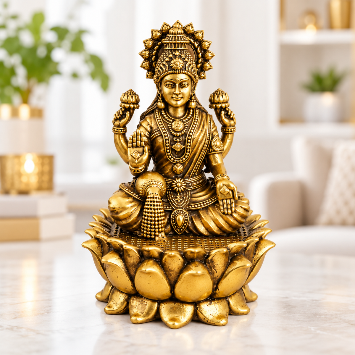 Antique Brass Laxmi Idol for Home Temple & Pooja Room | Handcrafted Goddess Laxmi Statue for Mandir, Home Décor & Office Desk | Housewarming, Diwali & Spiritual Gift | The Indian Aura