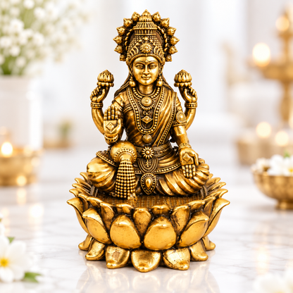 Antique Brass Laxmi Idol for Home Temple & Pooja Room | Handcrafted Goddess Laxmi Statue for Mandir, Home Décor & Office Desk | Housewarming, Diwali & Spiritual Gift | The Indian Aura