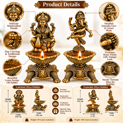 Pure Brass Laxmi Ganesha Pair Diya Oil Lamp Holder | Antique Gold Finish, Diya, Vastu Show piece, Puja Room Decor | The Indian Aura