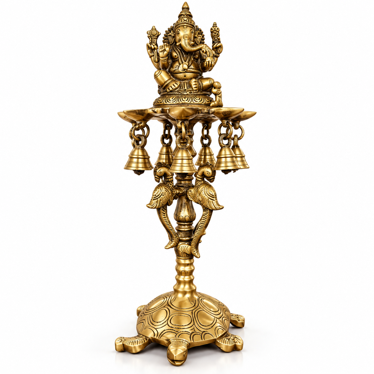 Brass Ganesh Diya Stand with 7 Oil Holders | Antique Finish Pooja Lamp with Hanging Bells, Peacock Design & Tortoise Base for Home Temple, Decor & Gifting | The Indian Aura