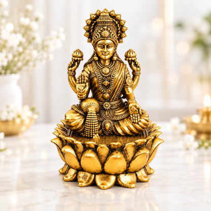 Antique Brass Laxmi Idol for Home Temple & Pooja Room | Handcrafted Goddess Laxmi Statue for Mandir, Home Décor & Office Desk | Housewarming, Diwali & Spiritual Gift | The Indian Aura
