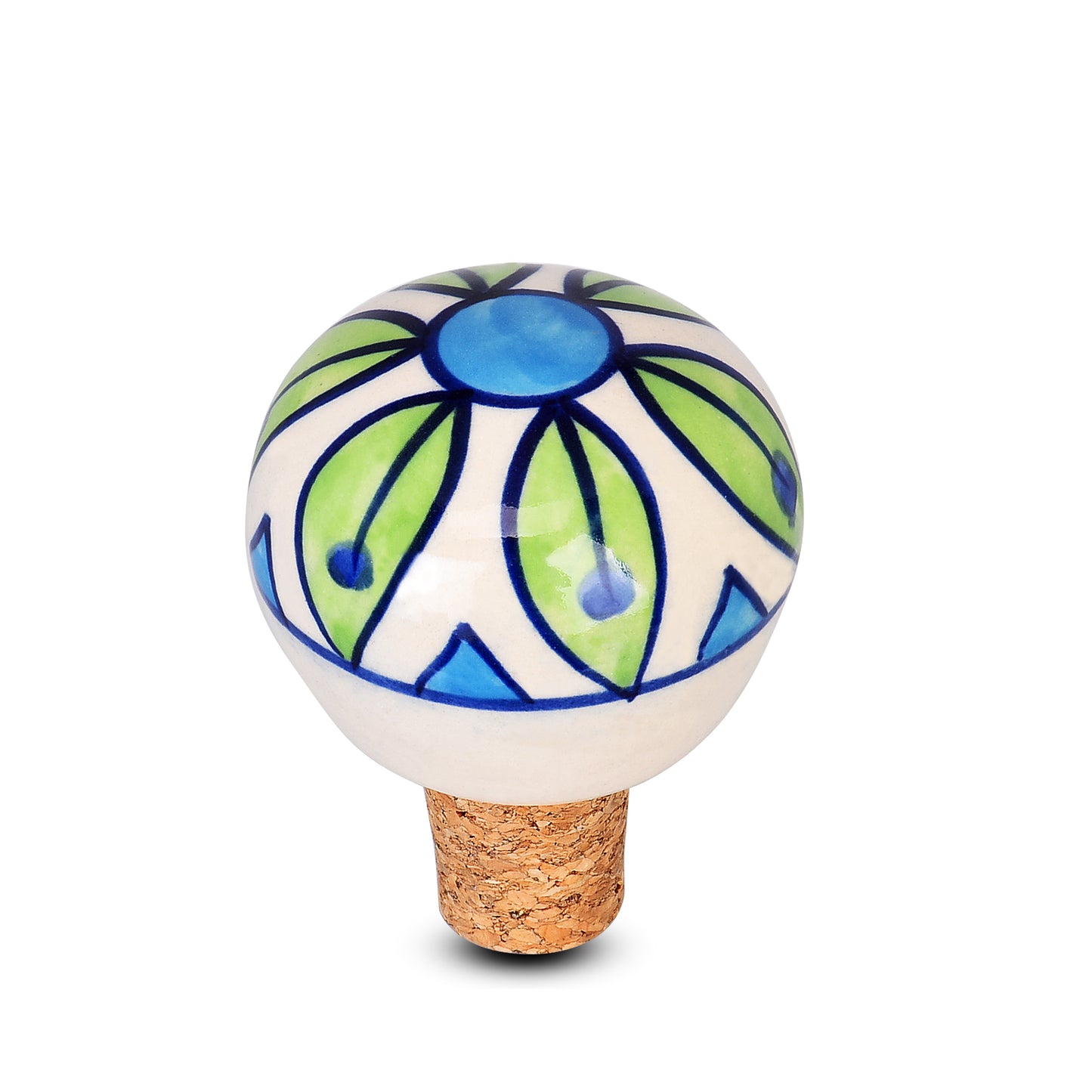 Floral Harmony Ceramic Wine Bottle Stopper - Green Leaves with Blue Center