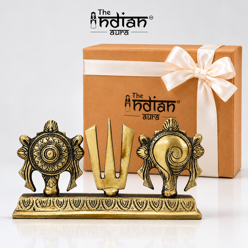 The Indian Aura Pure Brass Shankh Chakra Namam Statue with Stand | Traditional Vaishnav Religious Idol for Home Temple, Pooja Room & Spiritual Decor | Premium Spiritual Gift for Diwali, Housewarming, Wedding, Anniversary, Return Gifts & Festive Occasions