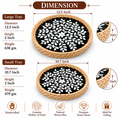 Handcrafted Mother of Pearl Round Black Tray Set of 2 | Woven Natural Rim Decorative Serving Trays for Home Décor, Jewellery Storage, Pooja & Gifting | 10.7 & 12.5 Inch