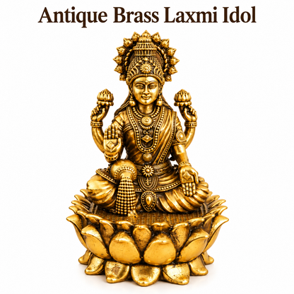 Antique Brass Laxmi Idol for Home Temple & Pooja Room | Handcrafted Goddess Laxmi Statue for Mandir, Home Décor & Office Desk | Housewarming, Diwali & Spiritual Gift | The Indian Aura